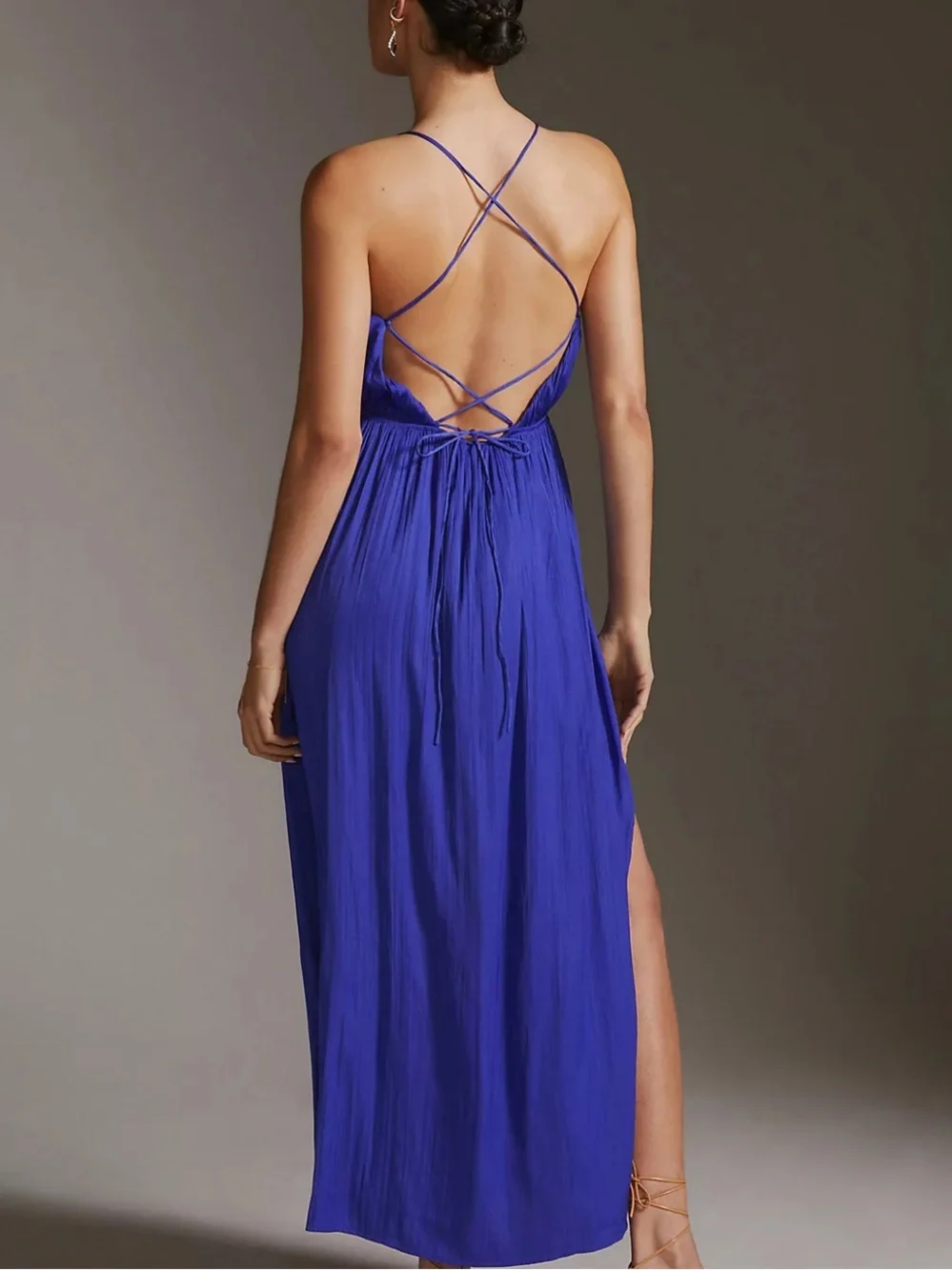 Anthropologie Cobalt Blue Halter Tie Back Draped Maxi Dress - Picture 2 of 12